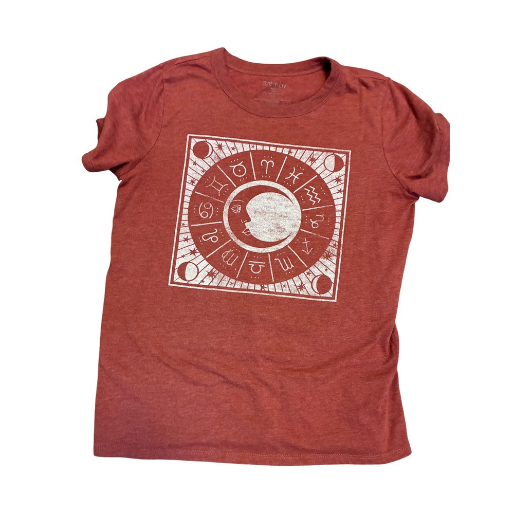 Zoe + Liv Womens Zodiac Moon Graphic Tee Heather Rust Red Celestial Shirt Medium